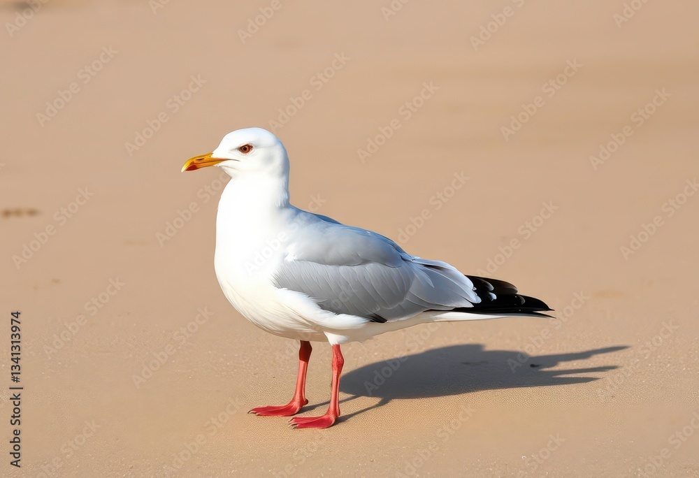 Naklejka premium A lone seagull stands on a sandy beach, wings slightly spread, sand, legs