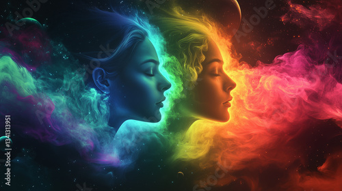 Zodiac gemini in space with colorful neon space