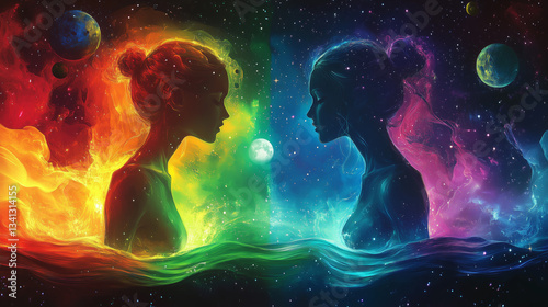 Zodiac gemini in space with colorful neon space