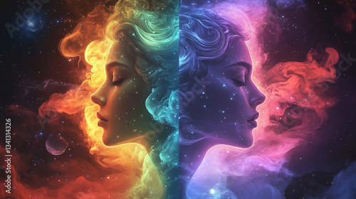 Zodiac gemini in space with colorful neon space