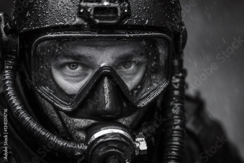 Navy seal frogman wearing diving gear during a special operation in the rain