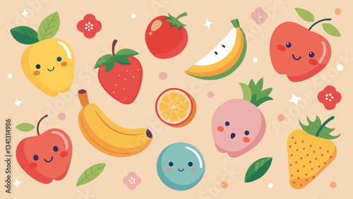 Colorful vector illustration of cheerful fruits on a bright blue background featuring playful elements and cute expressions in a lively arrangement