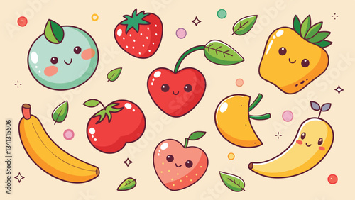 Colorful vector illustration of cheerful fruits on a bright blue background featuring playful elements and cute expressions in a lively arrangement