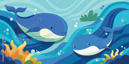 Cute blue whales swimming happily in a colorful underwater world, surrounded by green plants and small fish at a vibrant ocean location