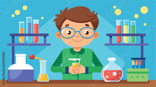 Young scientist conducts experiments in a colorful laboratory filled with test tubes and beakers during a creative learning session