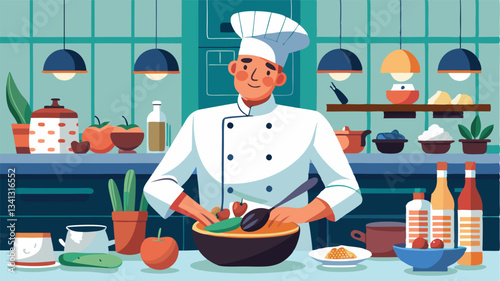 Chef preparing a delicious meal in a modern kitchen, showcasing culinary skills and vibrant ingredients in a lively atmosphere