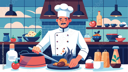 Chef preparing a delicious meal in a modern kitchen, showcasing culinary skills and vibrant ingredients in a lively atmosphere