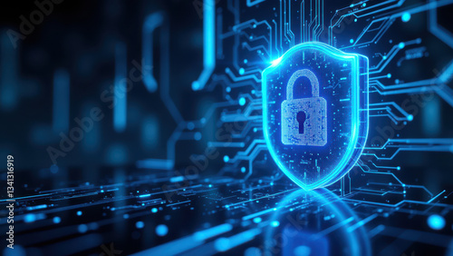 A digital lock icon with a blue technology background representing cybersecurity and data protection.