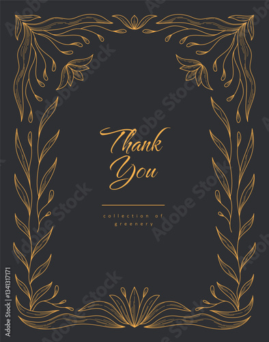 Retro floral frame or cover. Botanic design elements in wavy and naive style. Boho leaves branches and blooming print for poster, social media and packaging or greeting card. Vector illustration