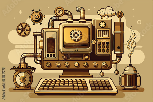 Vintage-inspired vector illustration of a retro computer setup with mechanical elements and steampunk design features integrated in a unique arrangement