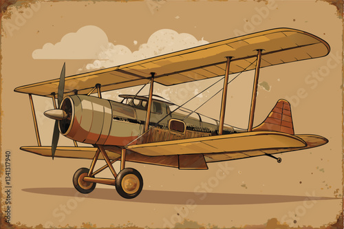 Vintage biplane illustration showcasing classic aviator design with rustic details and warm tones in a simple background