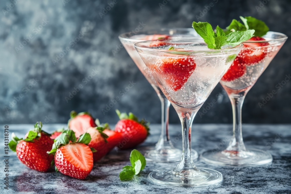Sparkling strawberry cocktails with fresh mint and ice in martini glasses Sparkling strawberry cocktails with fresh mint and ice in martini glasses
