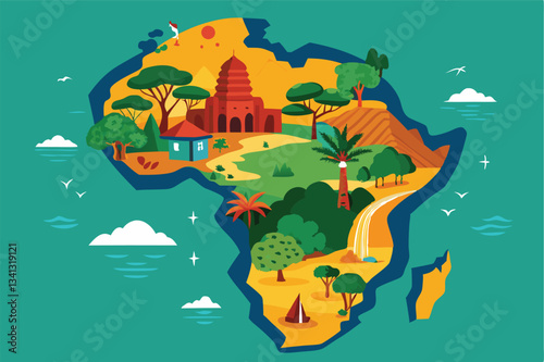 Vibrant vector illustration depicting the diverse landscapes and landmarks of Africa featuring mountains, trees, and cultural symbols under a blue sky