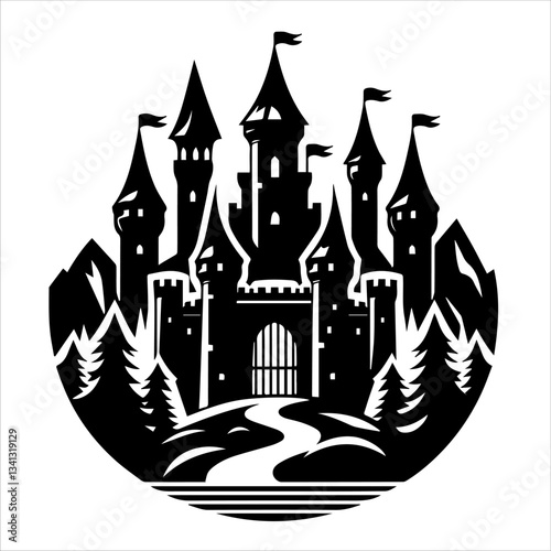 Vector black castle icon, logo. Vector illustration isolated on white background