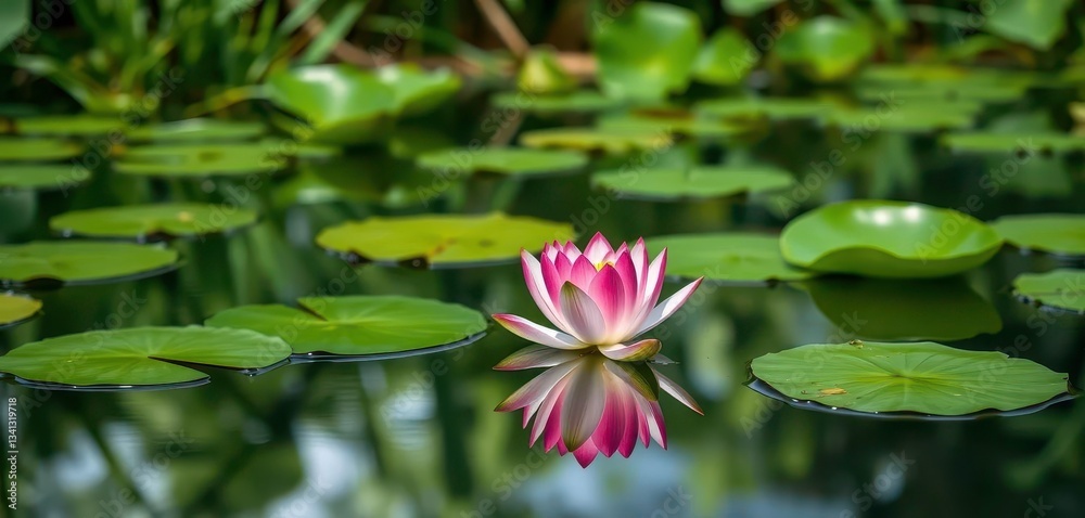 A single vibrant lotus blossom floats serenely on a calm lake, surrounded by lush green foliage, calm, environment A single vibrant lotus blossom floats serenely on a calm lake, surrounded by lush green foliage, calm, environment