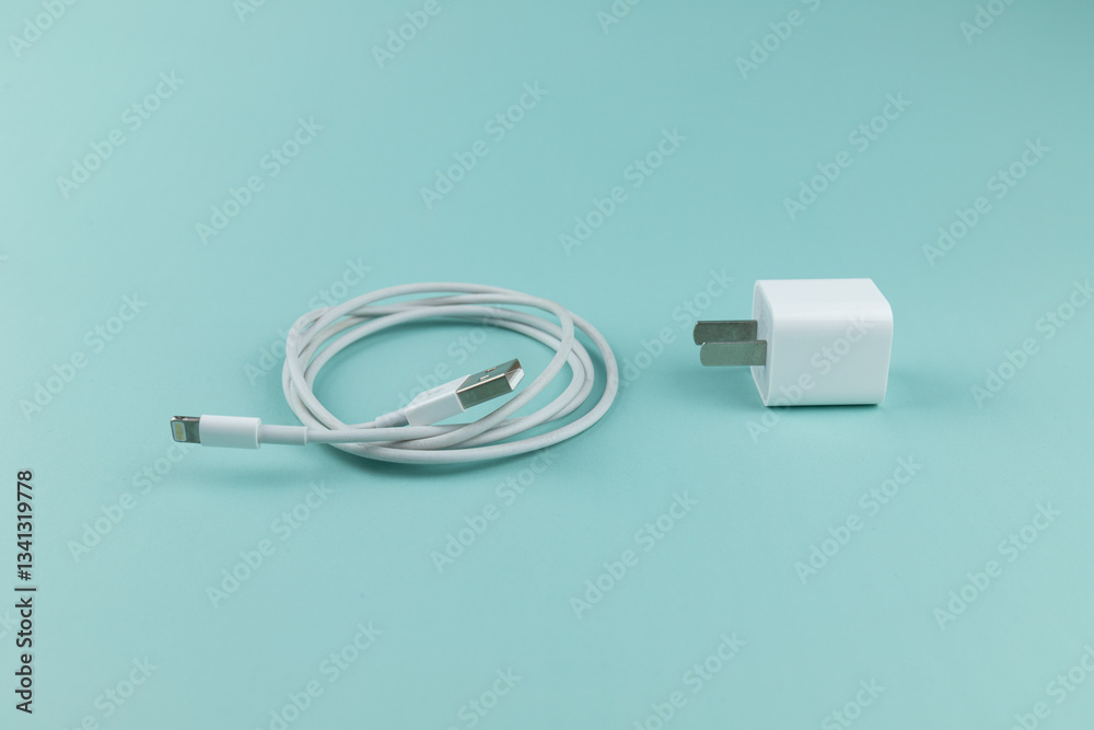Fototapeta premium Mobile phone charger on green background