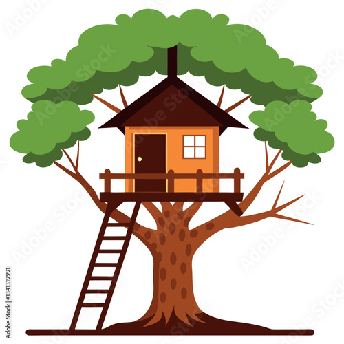 A detailed rustic treehouse with a ladder balcony. 