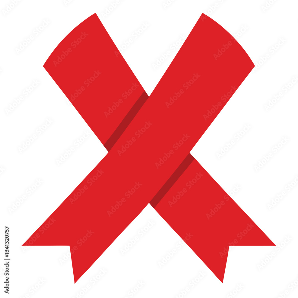 A glossy red ribbon is folded into an x shape. A glossy red ribbon is folded into an x shape.