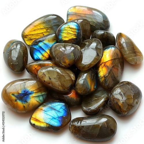 Labradorite and sunstone gemstones displayed on a clean white background for visual appeal