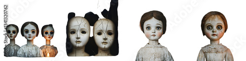 A collection of unsettling vintage dolls with unnatural expressionless faces and an air of mystery surrounding them