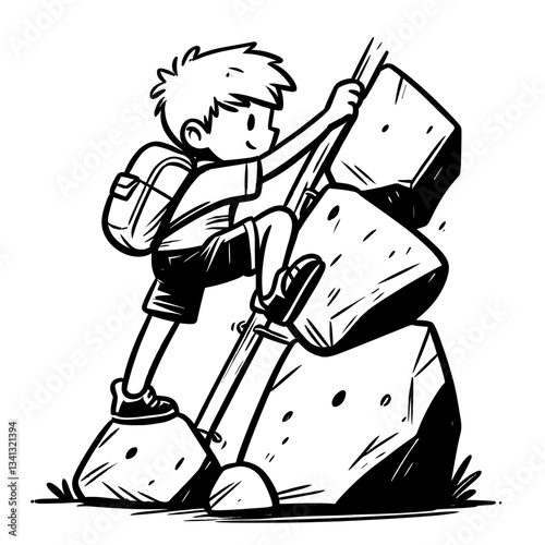 Boy climbing rocks with determination outdoors
