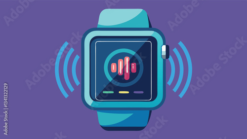 Smartwatch displaying music visualization with sound waves on a vibrant purple background, showcasing modern technology and audio features in a sleek design
