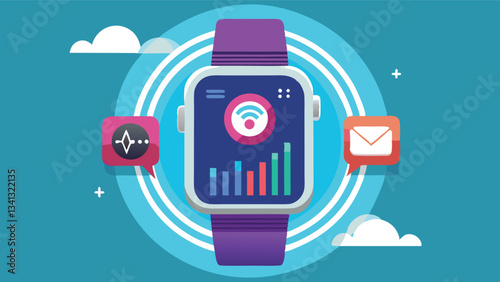 Smartwatch displaying music visualization with sound waves on a vibrant purple background, showcasing modern technology and audio features in a sleek design