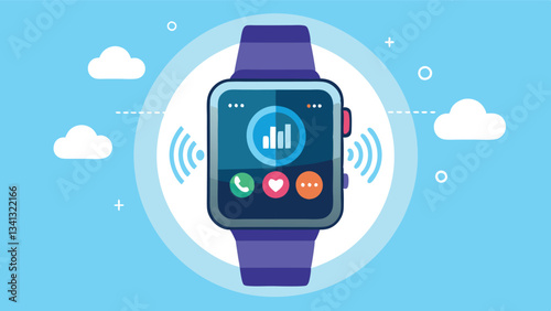 Smartwatch displaying music visualization with sound waves on a vibrant purple background, showcasing modern technology and audio features in a sleek design