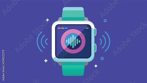 Smartwatch displaying music visualization with sound waves on a vibrant purple background, showcasing modern technology and audio features in a sleek design