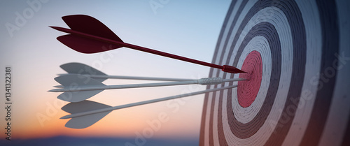 Close-up of arrows hitting a dartboard's bullseye, showcasing achievement and precision, symbolizing success, accuracy, and goal attainment