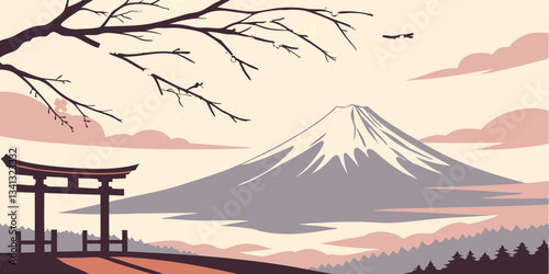 Mount Fuji rises majestically against a pastel sky, framed by a traditional torii gate in a tranquil landscape during twilight hours