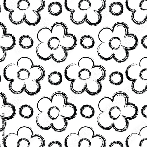 Hand drawn ink brush  grunge flower seamless pattern.