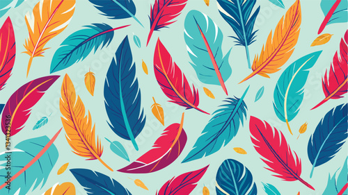 Colorful vector illustration of various leaves arranged in a seamless pattern on a rich blue background showcasing autumn hues and lush greenery
