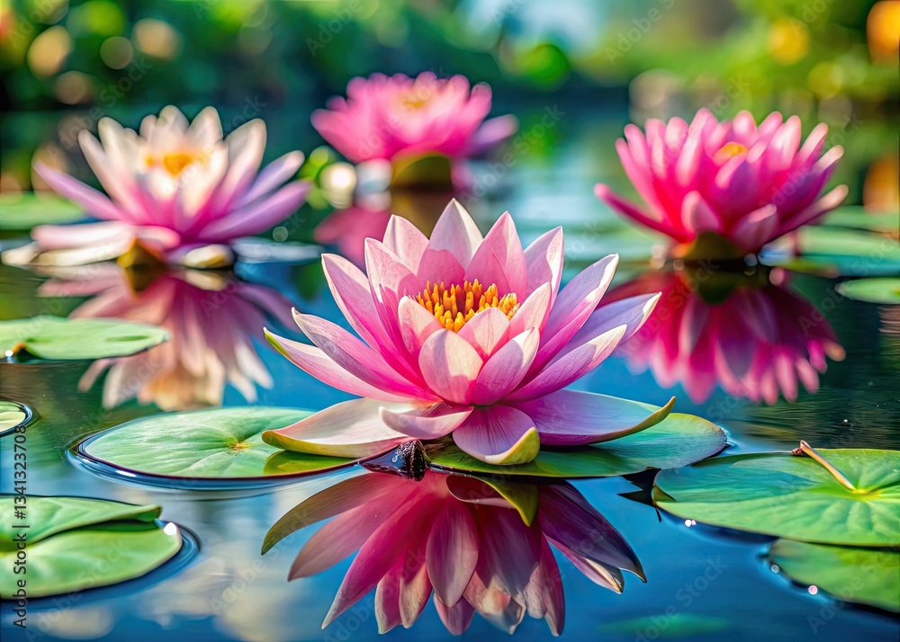 Peaceful pond, serene pink water lilies; beautiful floral photography capturing tranquil nature. Peaceful pond, serene pink water lilies; beautiful floral photography capturing tranquil nature.