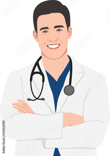 Male doctor smiling with crossed arms and stethoscope on his shoulder
