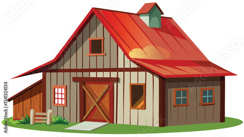 Brightly colored vector illustration of a barn with red roof, wooden walls, and large double doors set in a grassy field during daylight