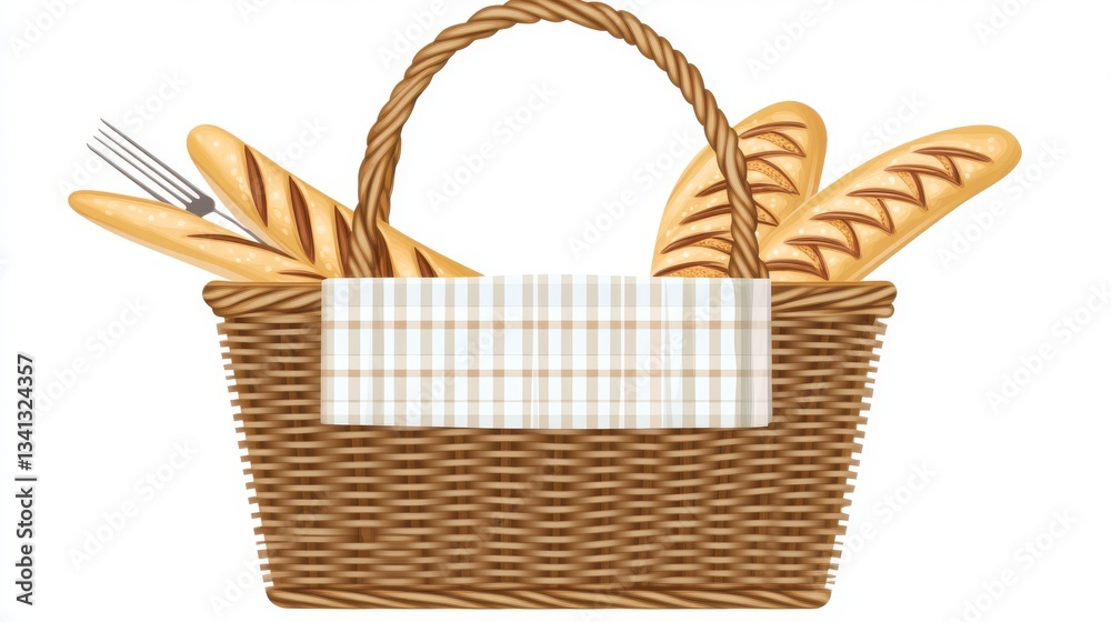 Rustic Wicker Picnic Basket Filled with Fresh Baguettes Rustic Wicker Picnic Basket Filled with Fresh Baguettes