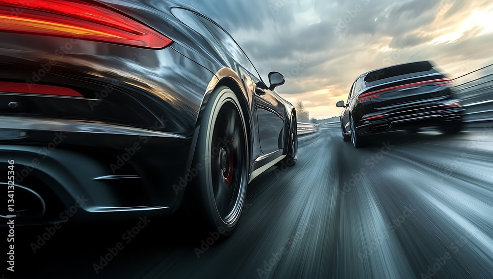 Obraz premium High-Speed Luxury Cars Racing on Asphalt Road at Sunset