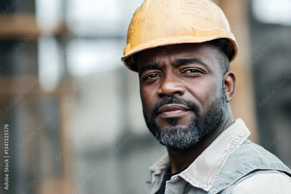 Confident construction worker wearing hard hat on building site Confident construction worker wearing hard hat on building site
