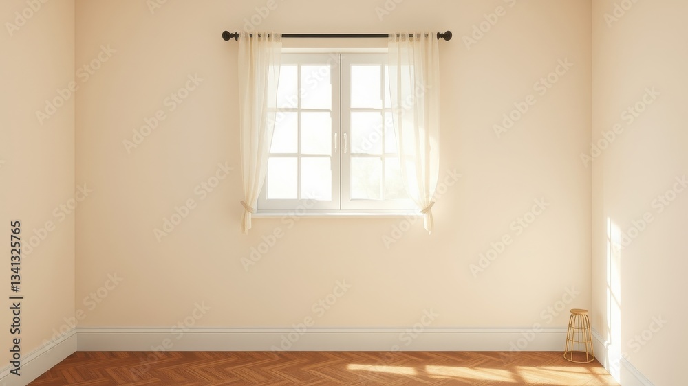 Fototapeta premium Empty room interior with window and sheer curtains, hardwood floor, and sunlight streaming in