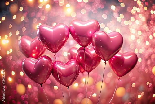 Romantic pink bokeh background with pink heart balloons, sparkling with festive Valentine's Day love.