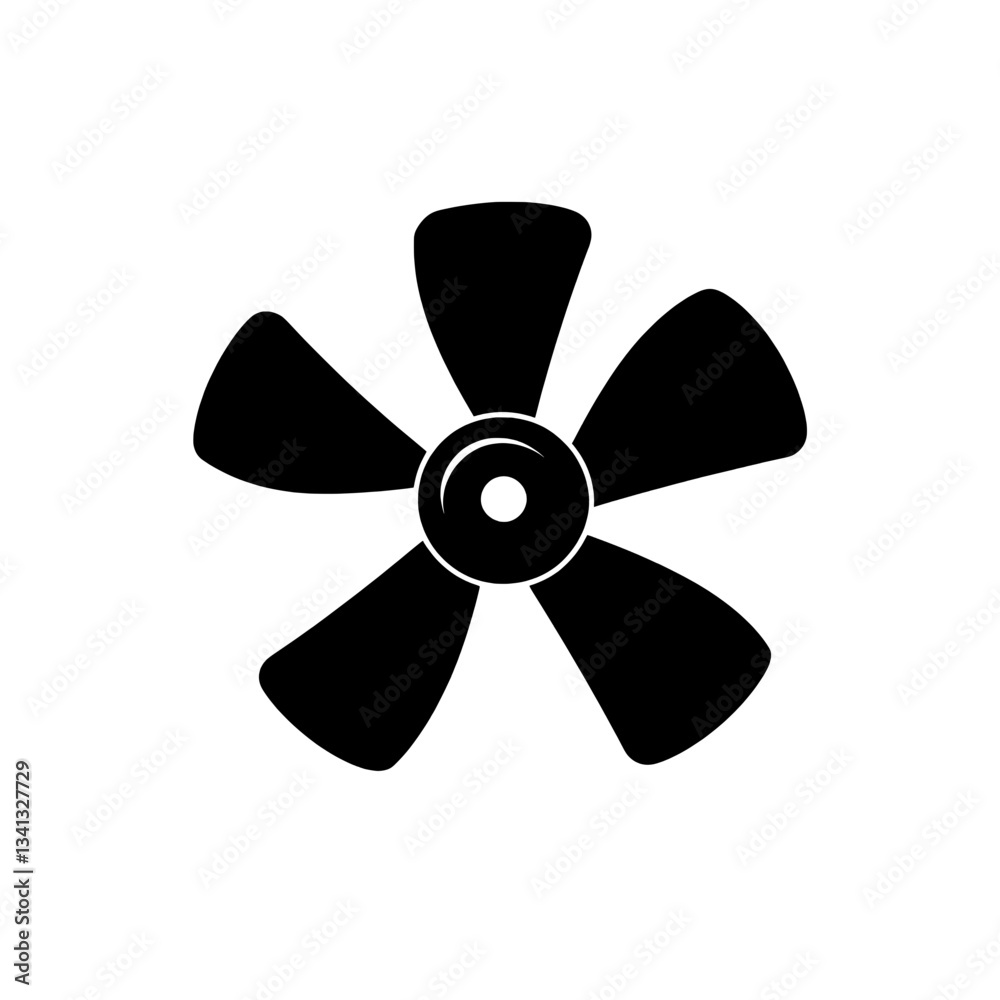 Simple black and white vector illustration of a five-blade fan, symbolizing airflow, ventilation, cooling systems, and home appliances. Simple black and white vector illustration of a five-blade fan, symbolizing airflow, ventilation, cooling systems, and home appliances.