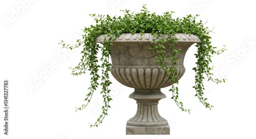 Ornate stone planter overflowing with vibrant green trailing plants and foliage, creating an elegant, classical garden centerpiece with lush textures. isolated on a white background.

