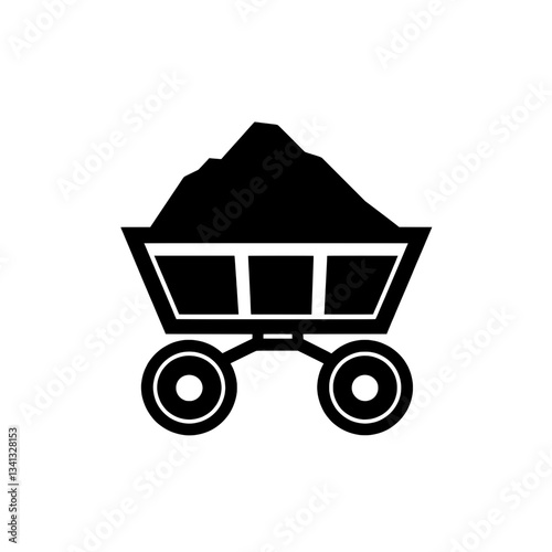 Detailed black and white vector illustration of a mining cart filled with coal, symbolizing industrial work, energy production, and historical mining.