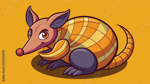 Colorful vector illustration of a friendly armadillo with a playful expression, surrounded by a vibrant background and stylized design elements