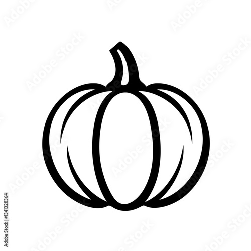 Simple black and white vector illustration of a pumpkin with curved lines, symbolizing harvest, autumn, and seasonal festivities.