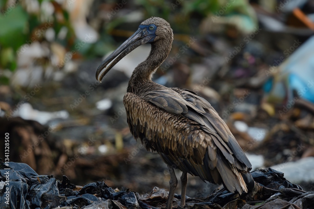 Fototapeta premium African openbill stork standing on a pile of garbage in a landfill