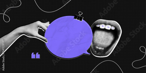 Trendy Halftone Collage Female mouth with speech bubble messages. Social media communication. Online marketing and promotion. Empty space for text and comment. Contemporary vector illustration art