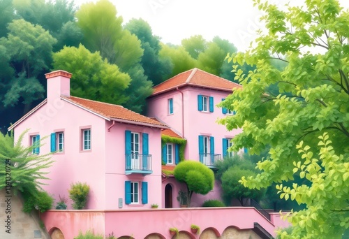 Charming pink building nestled amongst lush green trees, painted in delicate watercolor style, beautiful, house