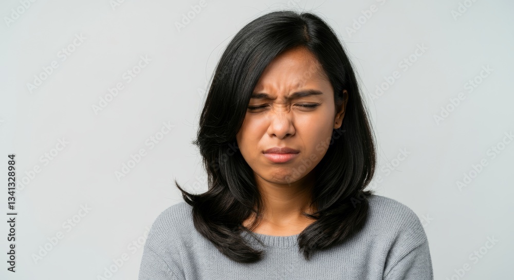Asian young female with closed eyes and distressed expression in gray sweater Asian young female with closed eyes and distressed expression in gray sweater
